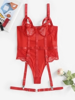 Body Nuisette Panneau en Dentelle à Bretelle avec Jarretelle L Rouge