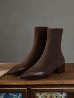 Bottes à Talons Épais et à Bouts Pointus en Tricot Extensibles
