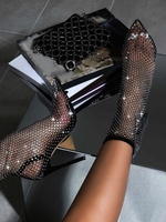 Bottes en Résille à Talons Aiguilles et à Bouts Pointus en Strass