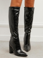 Bottes Hauteur à Genou à Talons Épais et à Bouts Pointus avec Fermeture Éclair sur le Côté
