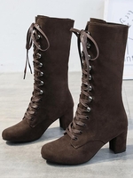 Bottes Mi-Mollet à Talons Épais avec Lacets