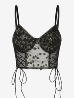 Camisole Courte Fleurie Brodée en Dentelle Transparente à Armature à Lacets L Noir