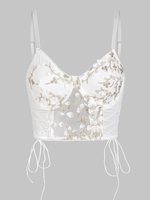 Camisole Courte Fleurie Brodée en Dentelle Transparente à Armature à Lacets M Blanc