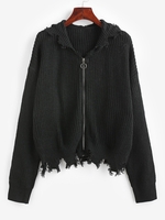 Cardigan à Capuche Déchiré Zippé Maille S Noir