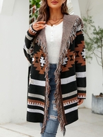 Cardigan à Capuche Long à Motif Aztèque Ethnique Xl Noir