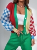 Cardigan à Carreaux en Blocs de Couleurs à Col V S