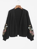 Cardigan à Manches Lanternes avec Broderie Florale Ouvert en Avant S Noir