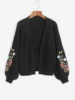 Cardigan à Manches Lanternes avec Broderie Florale Ouvert en Avant S Noir