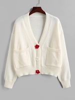 Cardigan Applique Fleuri à Double Bouton avec Poche L Blanc