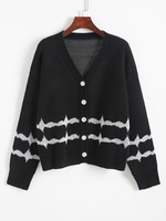 Cardigan Boutonné à Imprimé Vague M Noir
