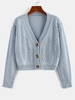 Cardigan Boutonné Ajouré en Tricot à Câble L Bleu clair