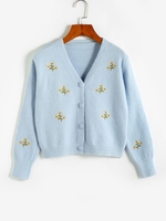 Cardigan Boutonné Brodé Floral Taille unique Bleu clair