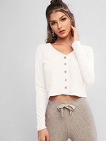 Cardigan Boutonné Côtelé en Couleur Unie Maille M Blanc