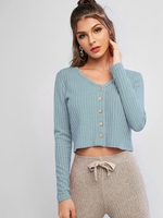 Cardigan Boutonné Côtelé en Couleur Unie Maille M Bleu gris