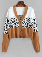Cardigan Boutonné Léopard Panneau en Blocs de Couleurs M Café