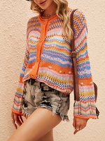 Cardigan Boutonné Rayé Coloré en Tricot Ouvert L Orange