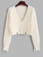 Cardigan Court Boutonné Déchiré en Tricot à Câble M Blanc chaud