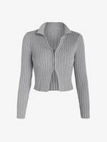 Cardigan Court Côtelé avec Zip en Avant à Col Noué S Gris