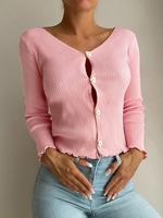 Cardigan Fleuri Côtelé à Simple Boutonnage à Ourlet en Laitue Taille unique Rose clair