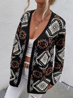 Cardigan Géométrique Ouvert en Avant avec Double Poche à Imprimé Ethnique Aztèque S Noir