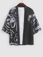 Cardigan Kimono à Imprimé Visage Abstrait L Noir