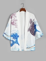 Cardigan Kimono Motif Dragon et Poissons M Blanc