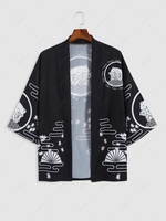 Cardigan Kimono Ouvert en Avant à Imprimé Etoile Chat Dessin Animé L Noir
