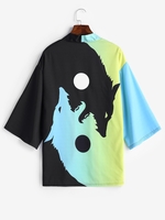 Cardigan Kimono Ouvert en Avant à Imprimé Lune et Loup 2xl Vert jaune