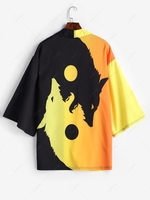 Cardigan Kimono Ouvert en Avant à Imprimé Lune et Loup S Jaune clair