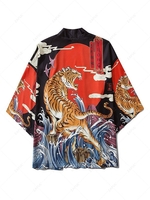 Cardigan Kimono Ouvert en Avant à Imprimé Tigre et Vague d