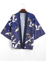 Cardigan Kimono Ouvert en Avant à Imprimé Vague de Mer L Bleu lapis
