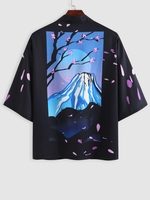 Cardigan Kimono Ouvert en Avant Motif de Montagne et de Fleur 2xl Noir
