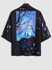 Cardigan Kimono Ouvert en Avant Motif de Montagne et de Fleur M Noir