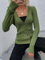 Cardigan Maigre Côtelé Boutonné en Couleur Unie M Vert profond