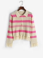 Cardigan Rayé Boutonné en Tricot à Franges L Rose clair