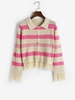 Cardigan Rayé Boutonné en Tricot à Franges S Rose clair