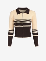 Cardigan Rayé en Blocs de Couleurs Zippé M Café profond