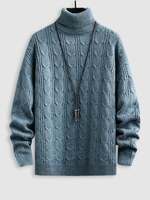 Chandail Tricoté en Couleur Unie à Col Roulé Maille M Bleu