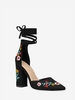 Chaussures à Talons Hauts en Velours avec Lacets et Broderie Florale