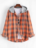 Chemise à Capuche Boutonnée à Carreaux Imprimés S Orange foncé