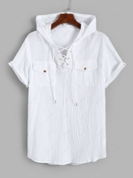 Chemise à Capuche en Couleur Unie avec Poche à Manches Courtes à Lacets Xs Blanc