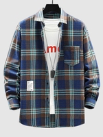 Chemise à Carreaux Lettre Patch à Manches Longues L Bleu