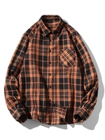 Chemise à Col Rabattu Motif Zig Zag et Carreaux en Flanelle L Café