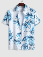 Chemise à Imprimé Feuille Tropicale à Manches Courtes M Bleu koi