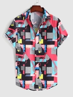 Chemise à Imprimé Géométrique et Marbre à Manches Courtes M Rouge
