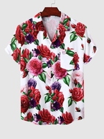 Chemise à Imprimé Rose Fleur à Manches Courtes à Col Revers M Blanc