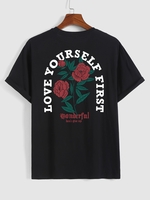 Chemise à Manches Courtes à Imprimé Roses et Slogan LOVE YOURSELF FIRST S Noir