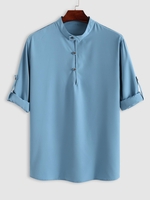 Chemise à Manches Longues à Demi-Bouton à Col Debout Xl Bleu clair