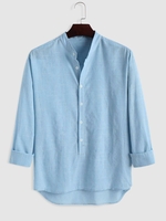 Chemise à Rayure Fine en Coton avec Demi-Bouton M Bleu clair