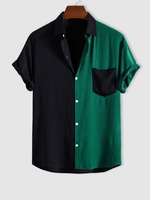 Chemise Bicolore en Blocs de Couleurs à Manches Courtes L Vert profond